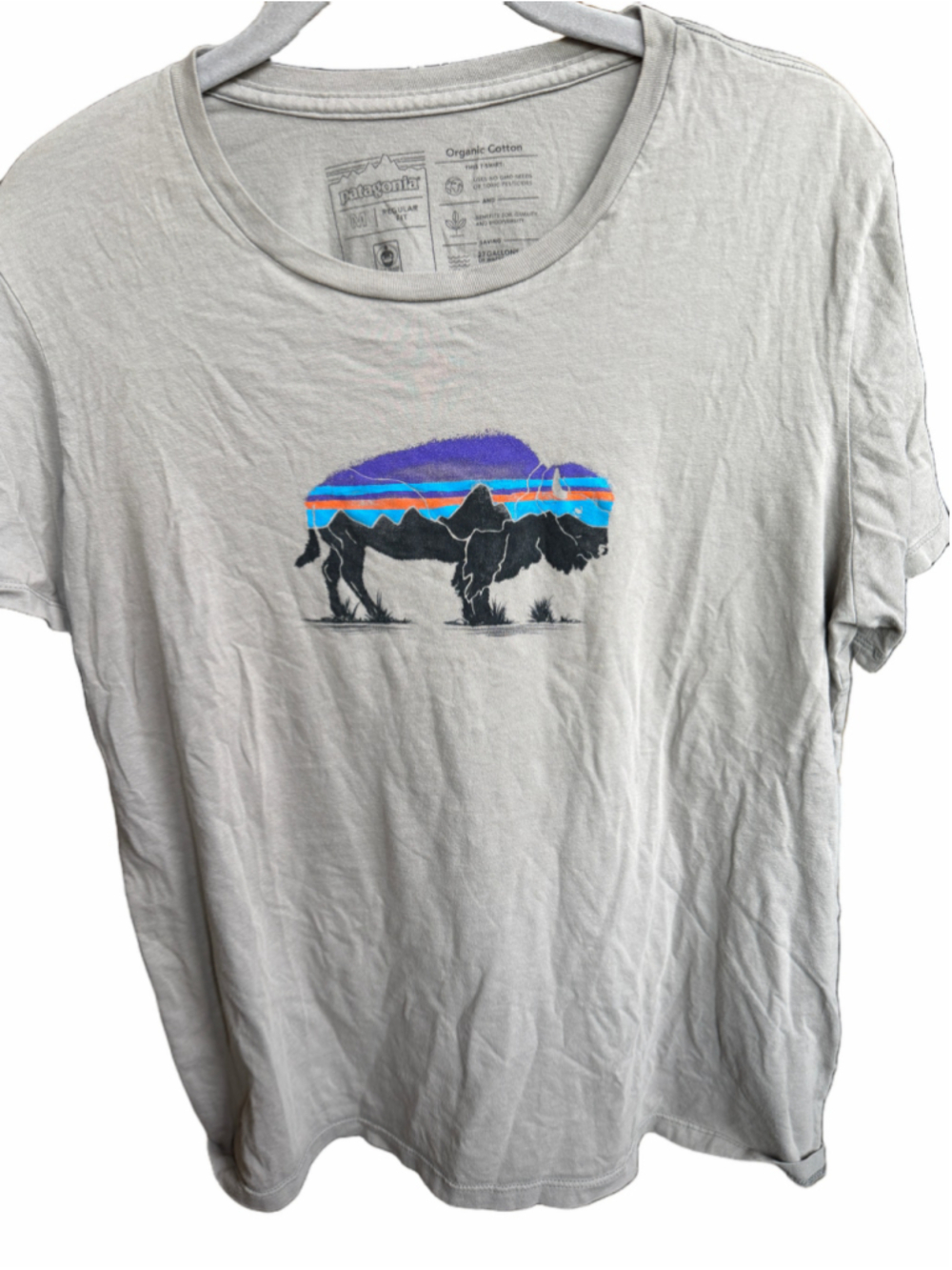 Women's Patagonia Graphic Tee Size M Grey Buffalo Bison Print Short Sleeve - Picture 2 of 8